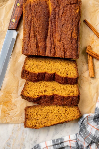 Sliced paleo pumpkin bread.