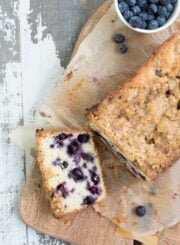 Overhead shot of a blueberry loaf cake.