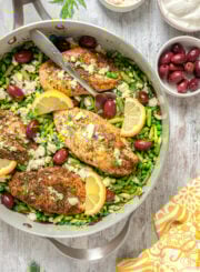 Overhead shot of a skillet of chicken and vegetables.